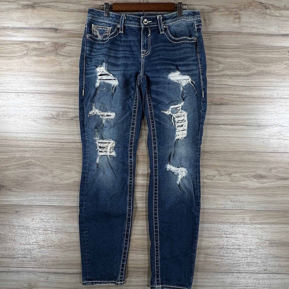 Vigoss Womens Distressed Skinny Jeans Dark Wash Embroidered Sz 10/30 33x29